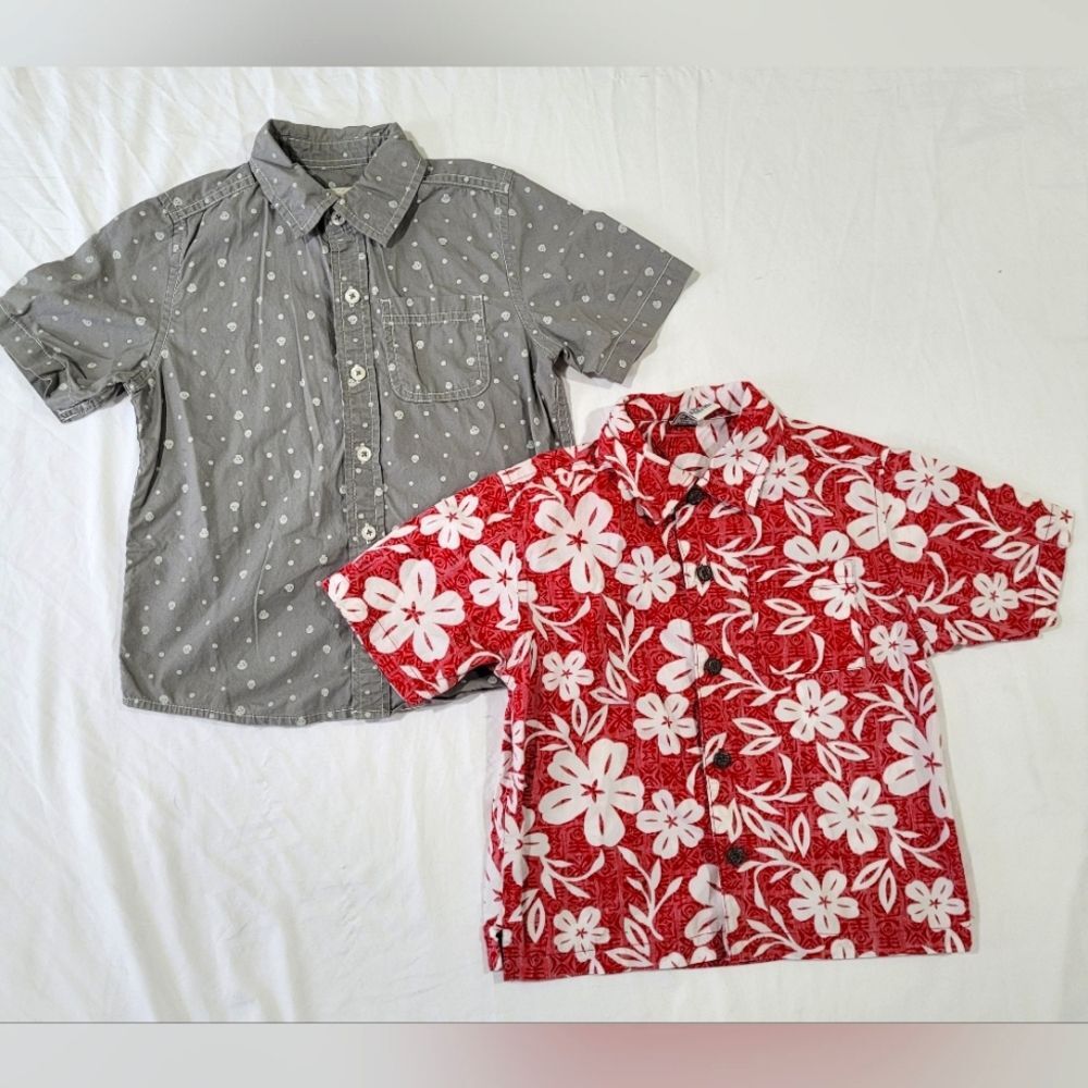 Boys Size 4 Gray Polka Dot and Red Hawaiian Floral 2 Button Down Shirts Bundle